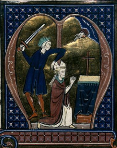 Nikasius&#8217; halshogging, illustrasjon i manuskript (ca 1400)
